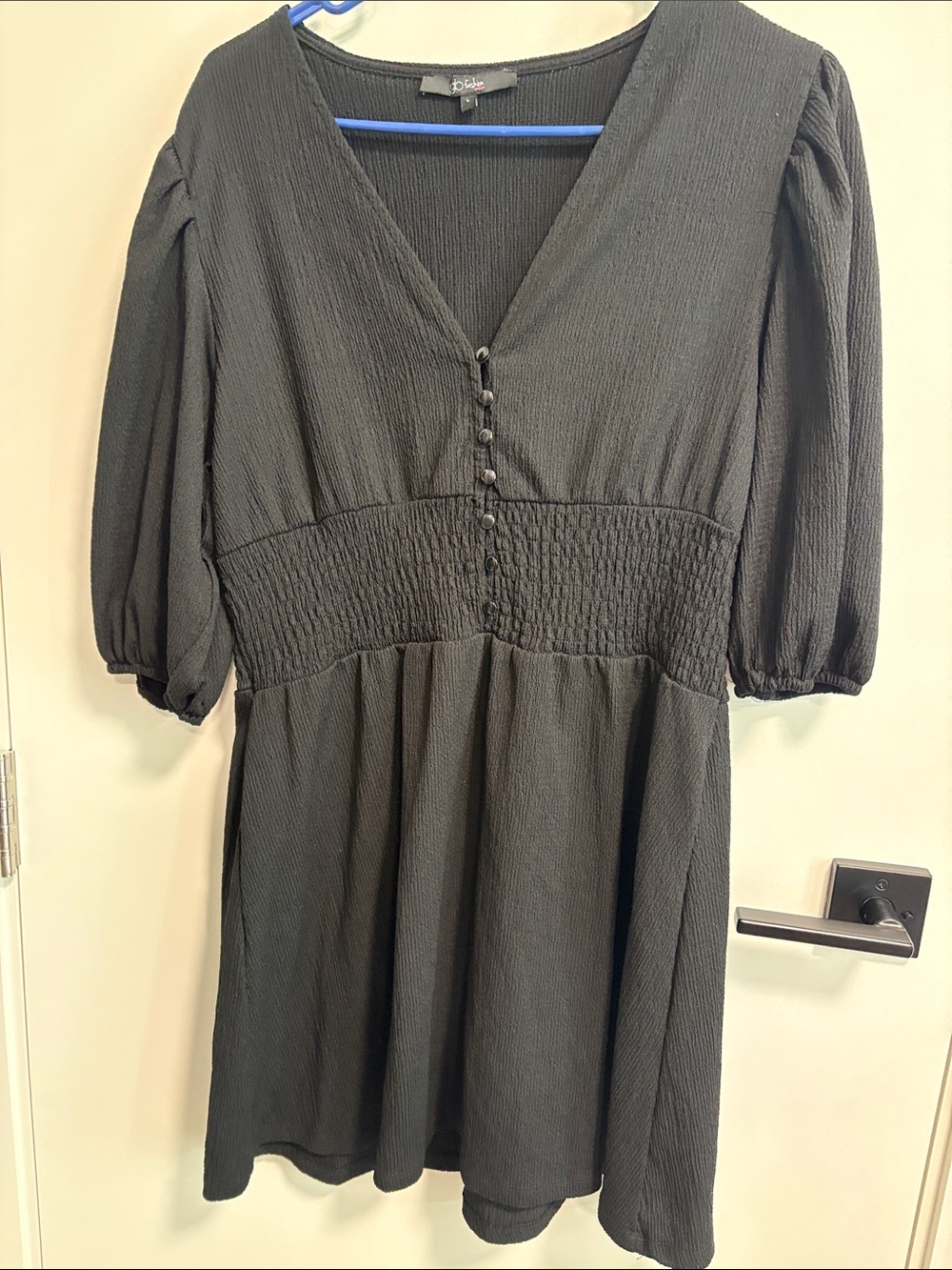 Black V-Neck Smocked-Waist Mini Dress with Button Front and Puff Sleeves